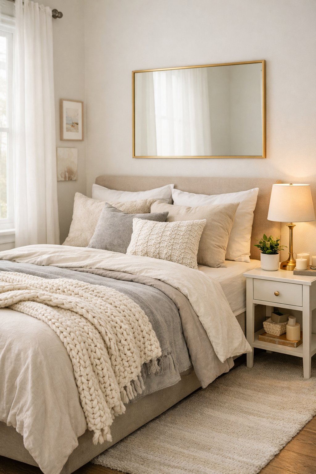 A cozy bedroom with a neatly made bed, soft pillows, a knit blanket, a small plant on a nightstand, and warm lighting from a table lamp.