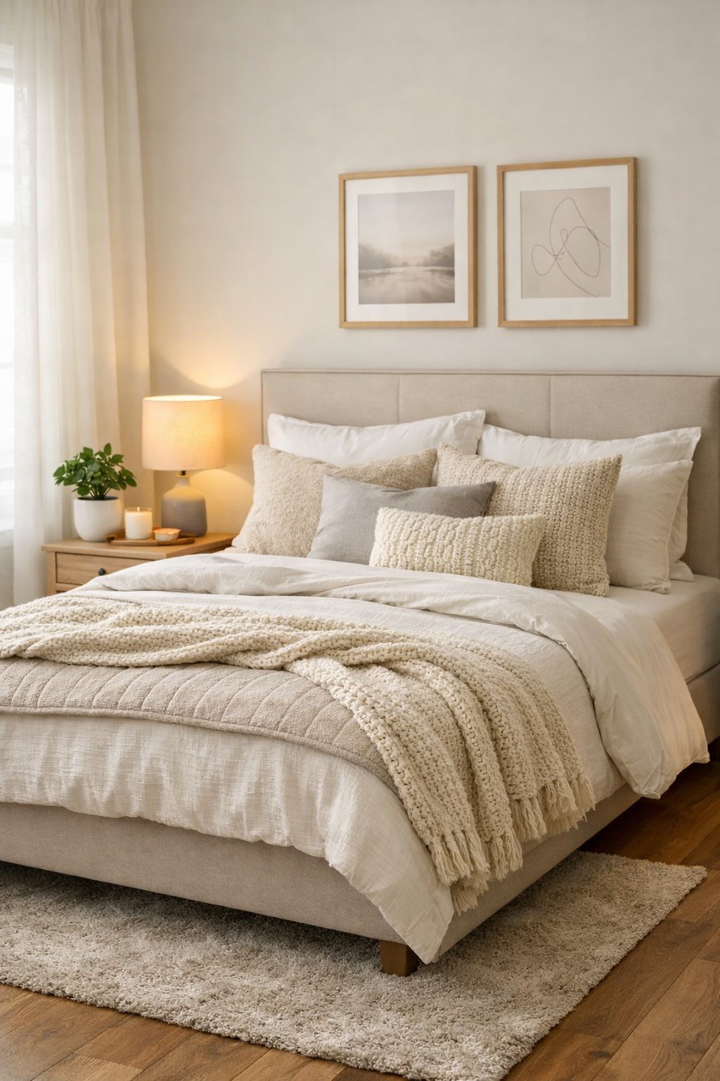 A cozy bedroom with a neatly made bed, soft bedding, pillows, a nightstand with a lamp and plant, and natural light coming through sheer curtains.
