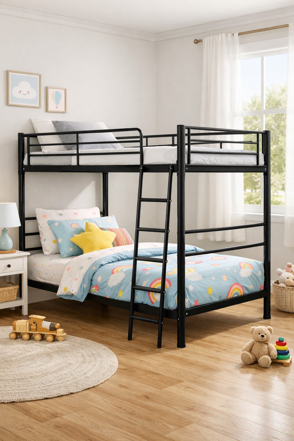 Toddler Bunk Beds For Kids: Top 5 Safe Space-Saving Picks 3 A metal twin over twin bunk bed with guardrails and ladder in a bright, tidy children's bedroom.