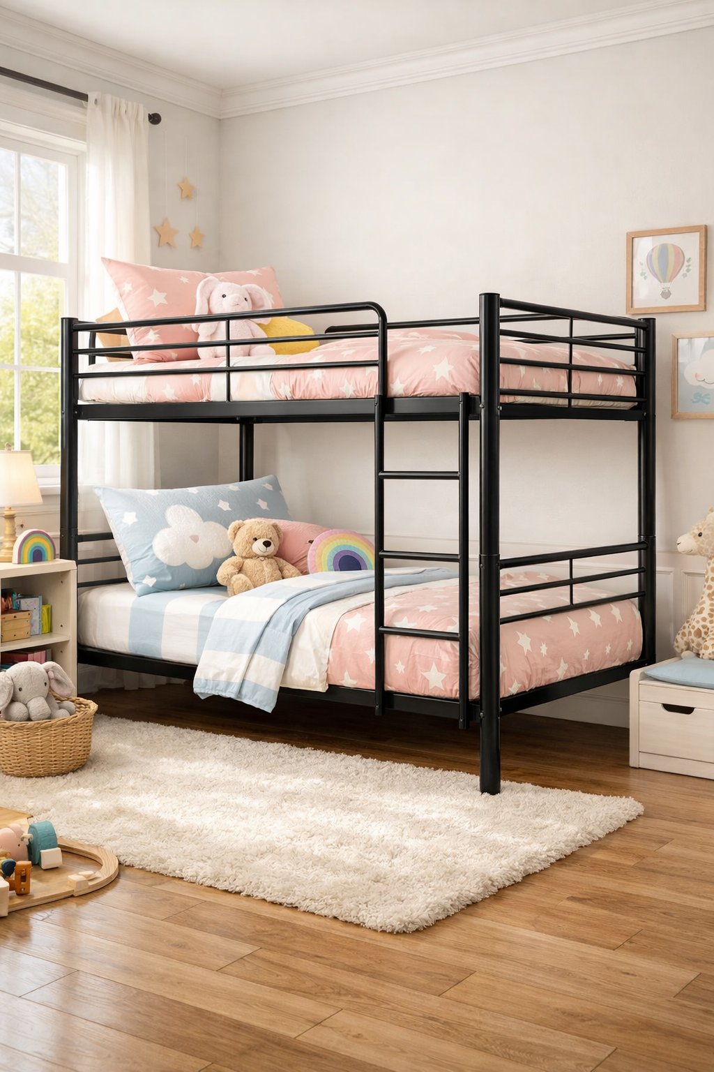 Toddler Bunk Beds For Kids: Top 5 Safe Space-Saving Picks 4 A twin over twin toddler bunk bed made of black iron tubes in a bright children's bedroom with toys and colorful bedding.