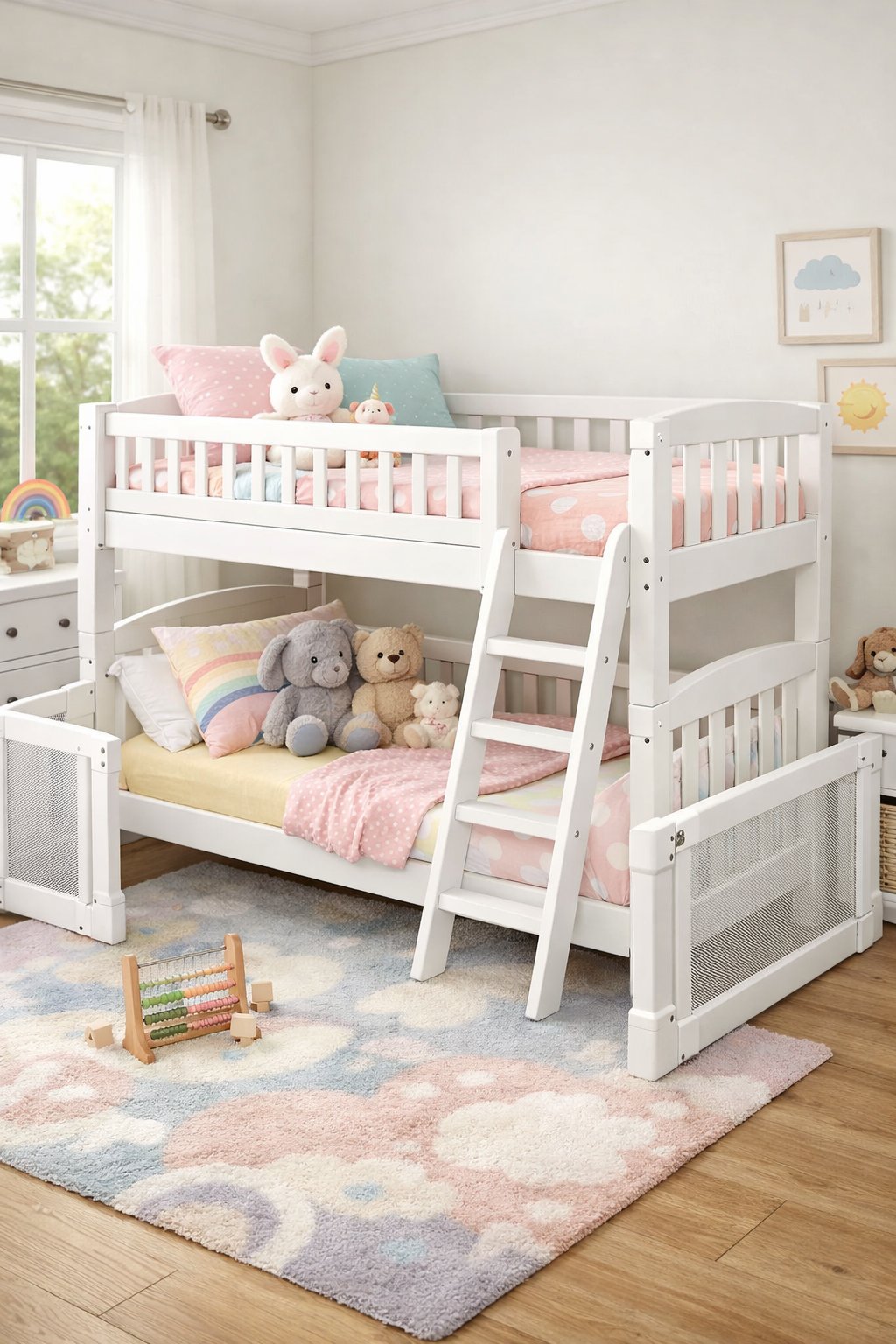 Toddler Bunk Beds For Kids: Top 5 Safe Space-Saving Picks 6 A toddler bunk bed in a bright, child-friendly bedroom with safety features like guardrails and a ladder, surrounded by toys and soft bedding.