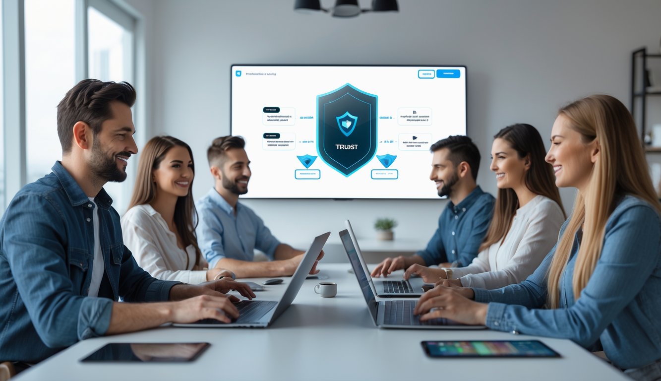 Sekelompok orang sedang bermain permainan kartu online di ruangan modern dengan perangkat digital.