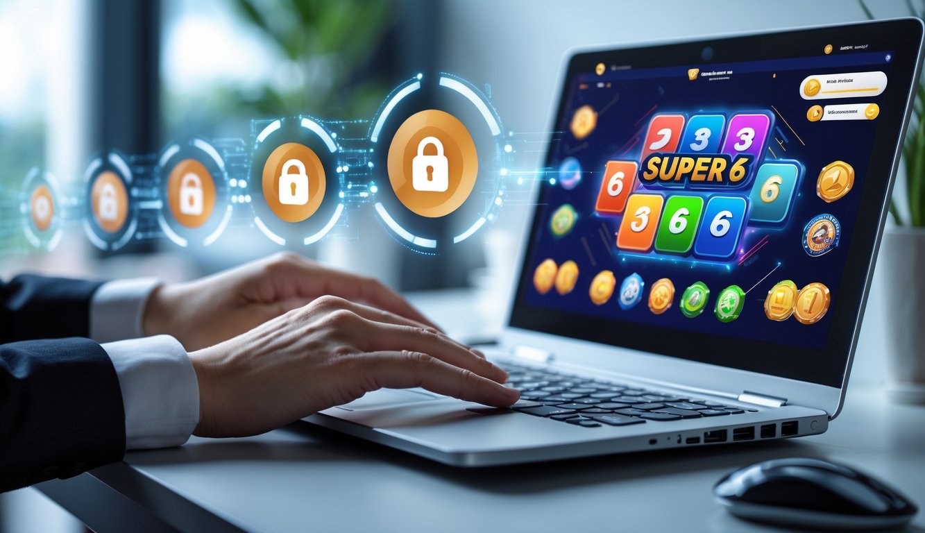 Seseorang menggunakan laptop dengan tampilan permainan kartu online di meja kerja yang rapi.