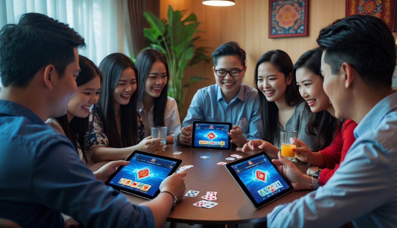 Sekelompok orang muda Indonesia bermain game kartu online bersama di meja dengan perangkat digital dalam ruangan yang nyaman.