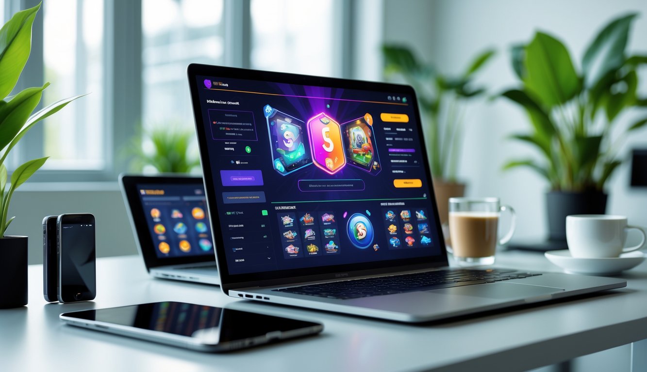 Seorang pria menggunakan laptop di meja kerja dengan perangkat digital lain di sekitarnya, di ruang kantor yang terang dan rapi.