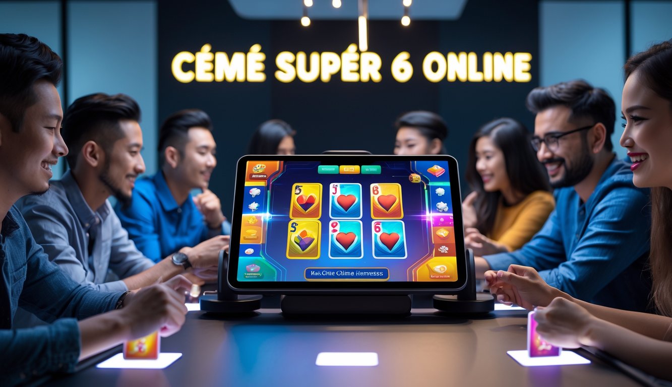 Orang-orang bermain permainan kartu digital di meja dengan perangkat elektronik dalam ruangan modern.