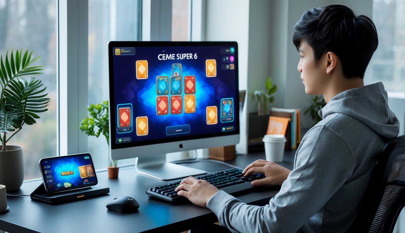 Seorang pemain muda duduk di depan komputer dengan tampilan meja kartu digital, bermain permainan kartu online Ceme Super 6.