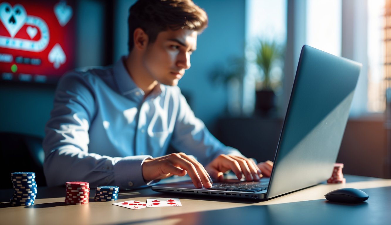 Seorang dewasa muda sedang bermain mini poker online di laptop dengan tumpukan chip poker di meja.