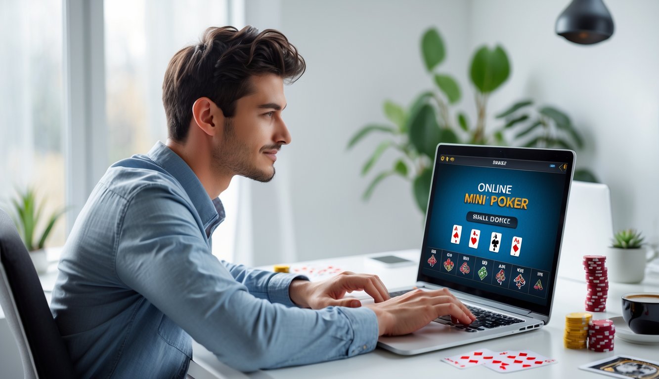 Seseorang duduk di meja dengan laptop, fokus bermain mini poker online di ruangan yang terang dan rapi.