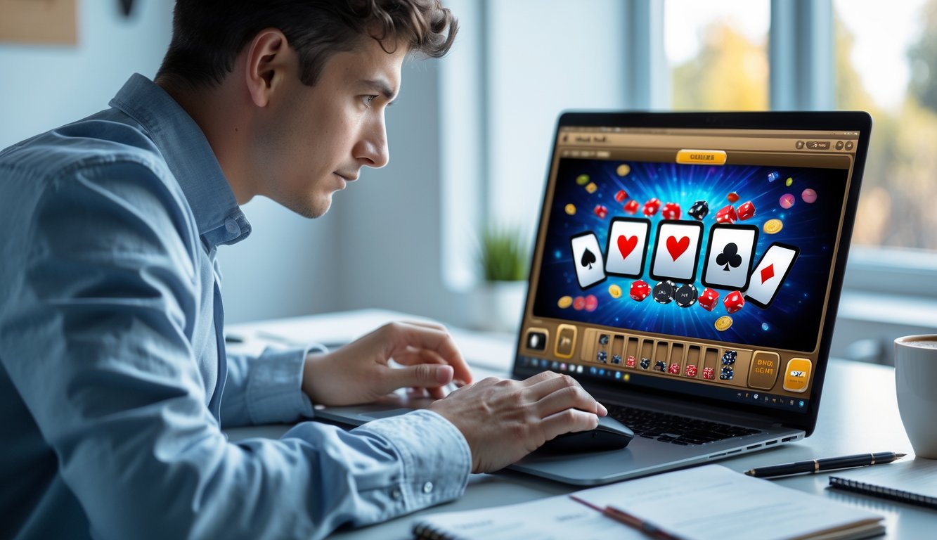 Seorang dewasa muda sedang duduk di meja dengan laptop memainkan permainan mini poker online di ruang kerja rumah yang terang.