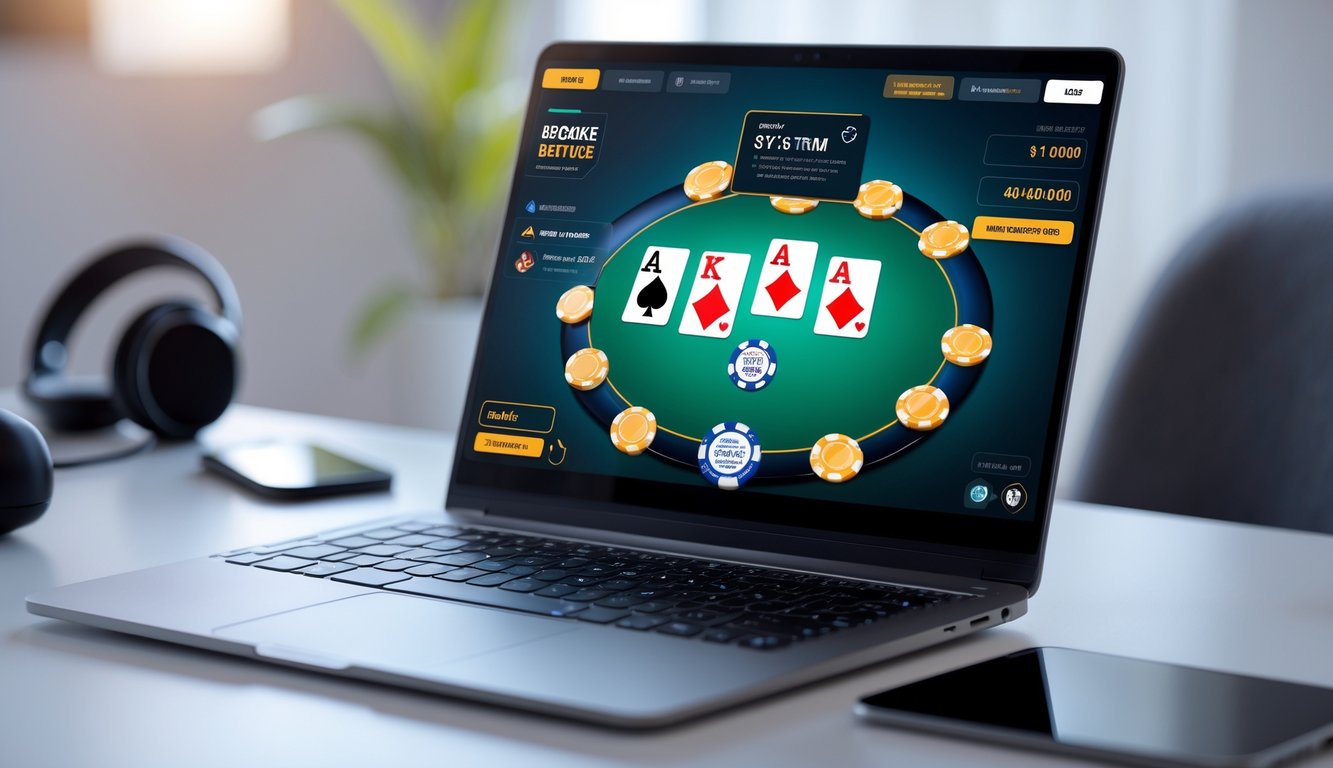 Layar laptop menampilkan permainan mini poker online dengan antarmuka yang jelas dan elemen keamanan terlihat, di meja kerja yang rapi.