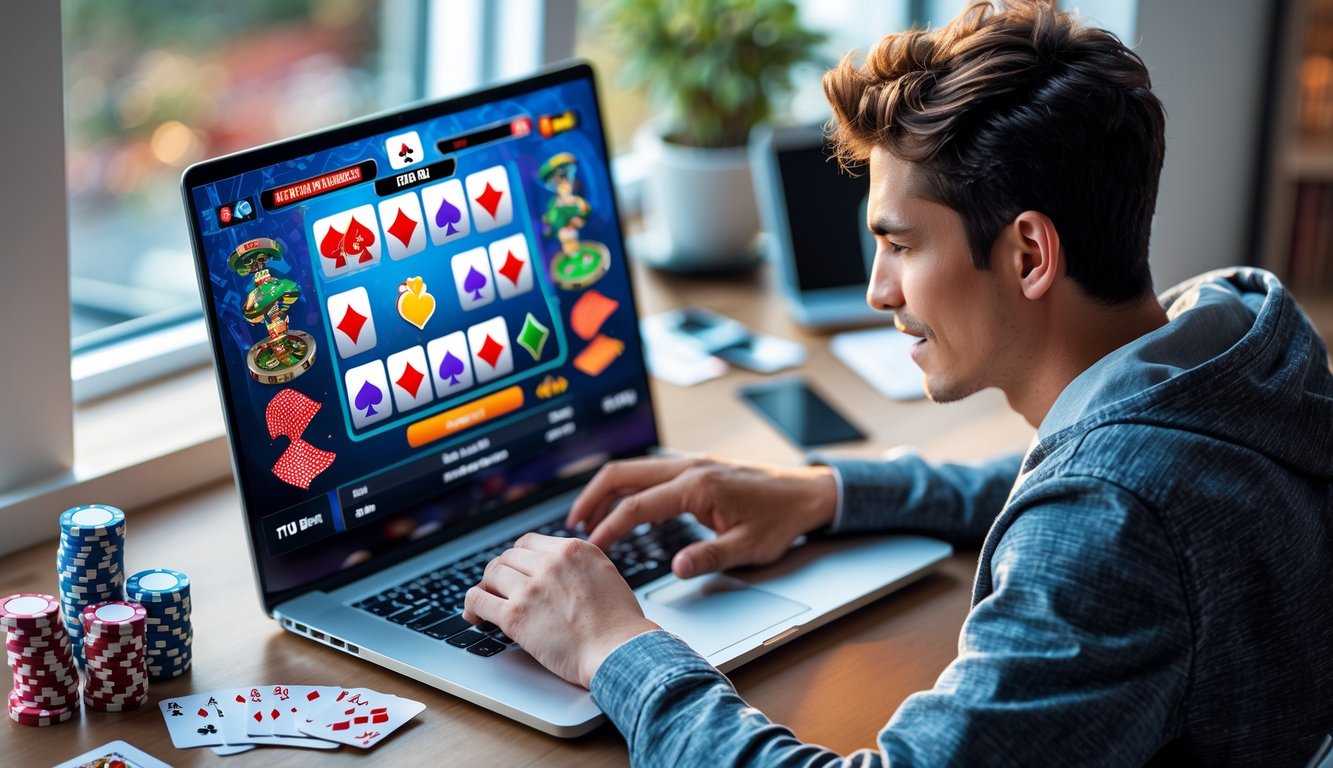 Seorang dewasa muda bermain poker online di laptop di meja dengan chip dan kartu poker di sekitarnya.