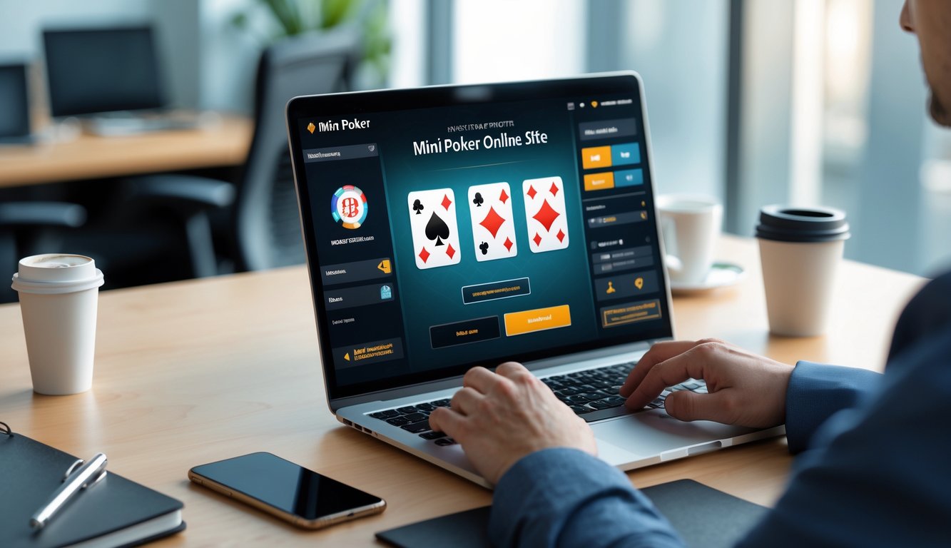 Seseorang sedang menggunakan laptop dengan tampilan permainan mini poker online di meja kerja yang rapi dan terang.