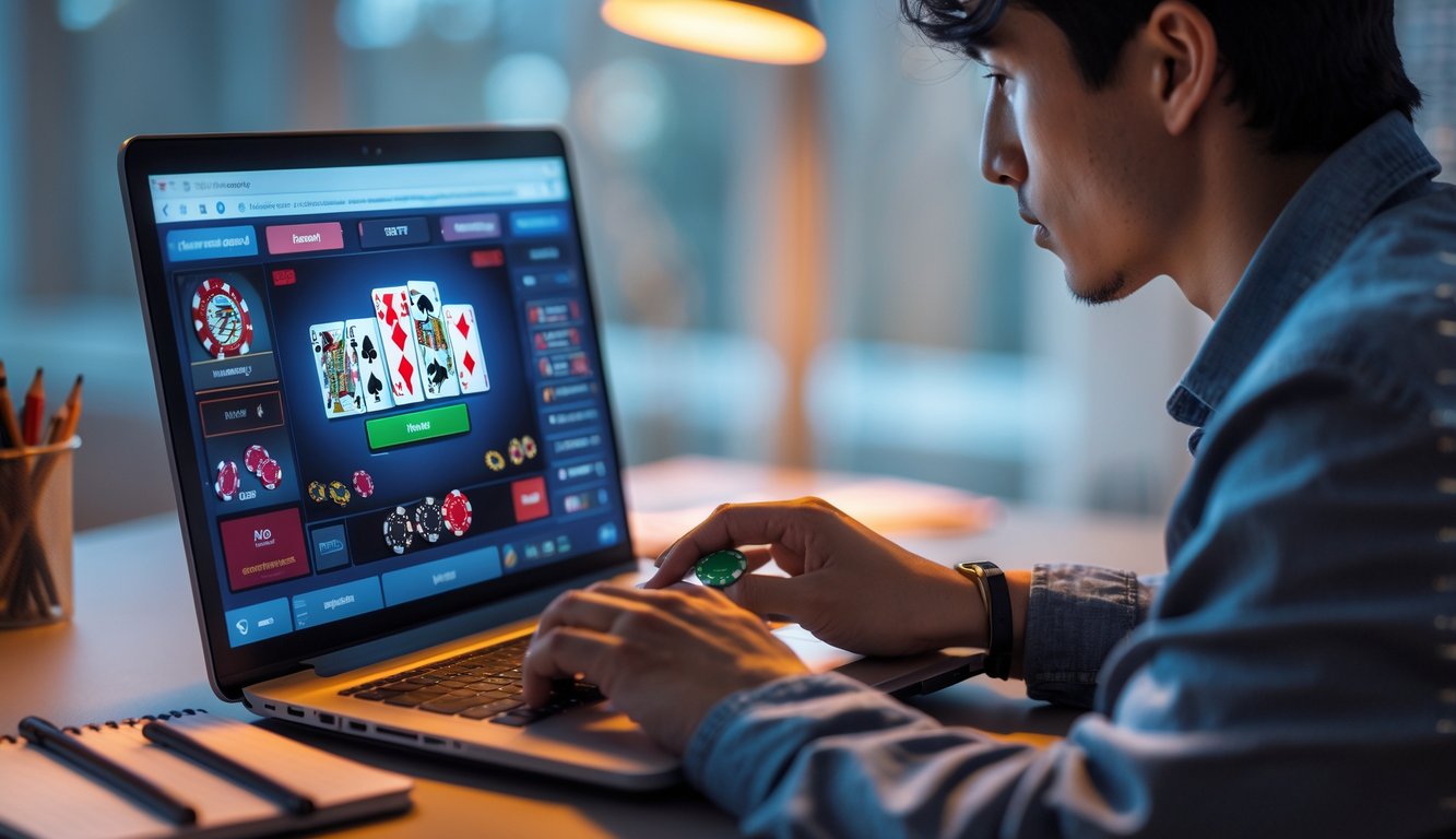 Seorang dewasa muda duduk di depan laptop yang menampilkan permainan mini poker online, tampak fokus dan sedang memegang chip poker di tangan, dengan suasana ruang kerja yang rapi di latar belakang.