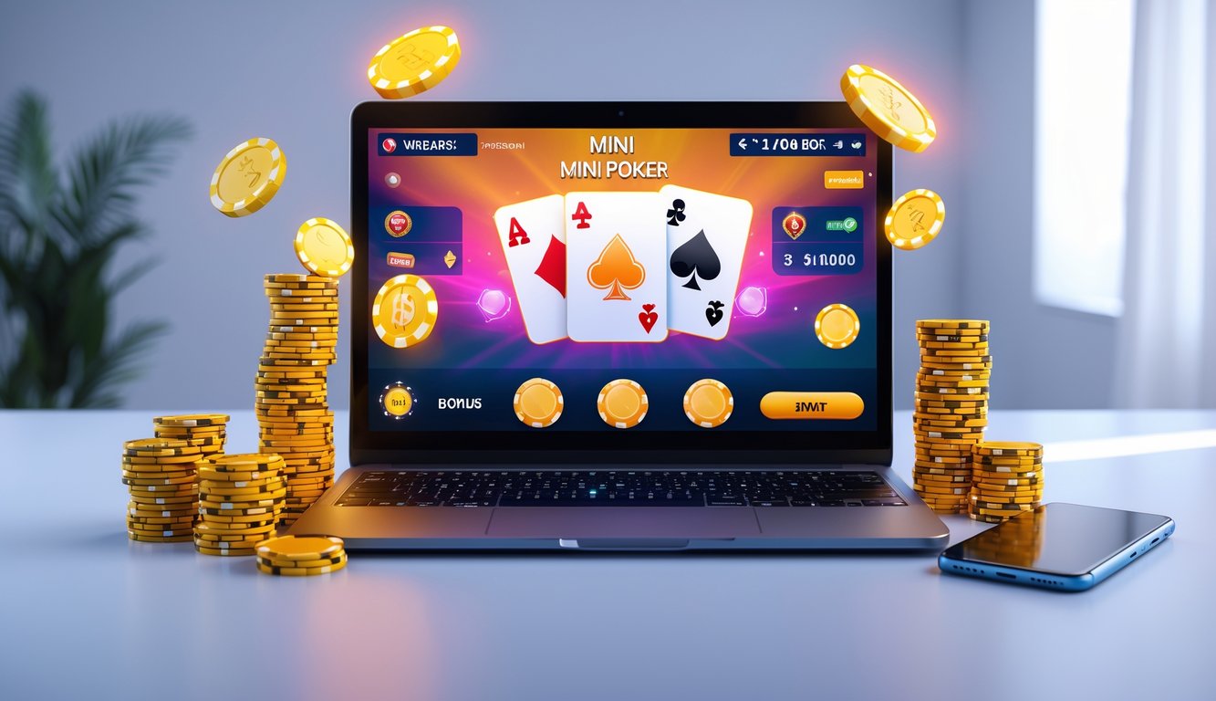 Seseorang bermain mini poker online di komputer dengan tumpukan chip dan ponsel yang menunjukkan konfirmasi penarikan cepat.