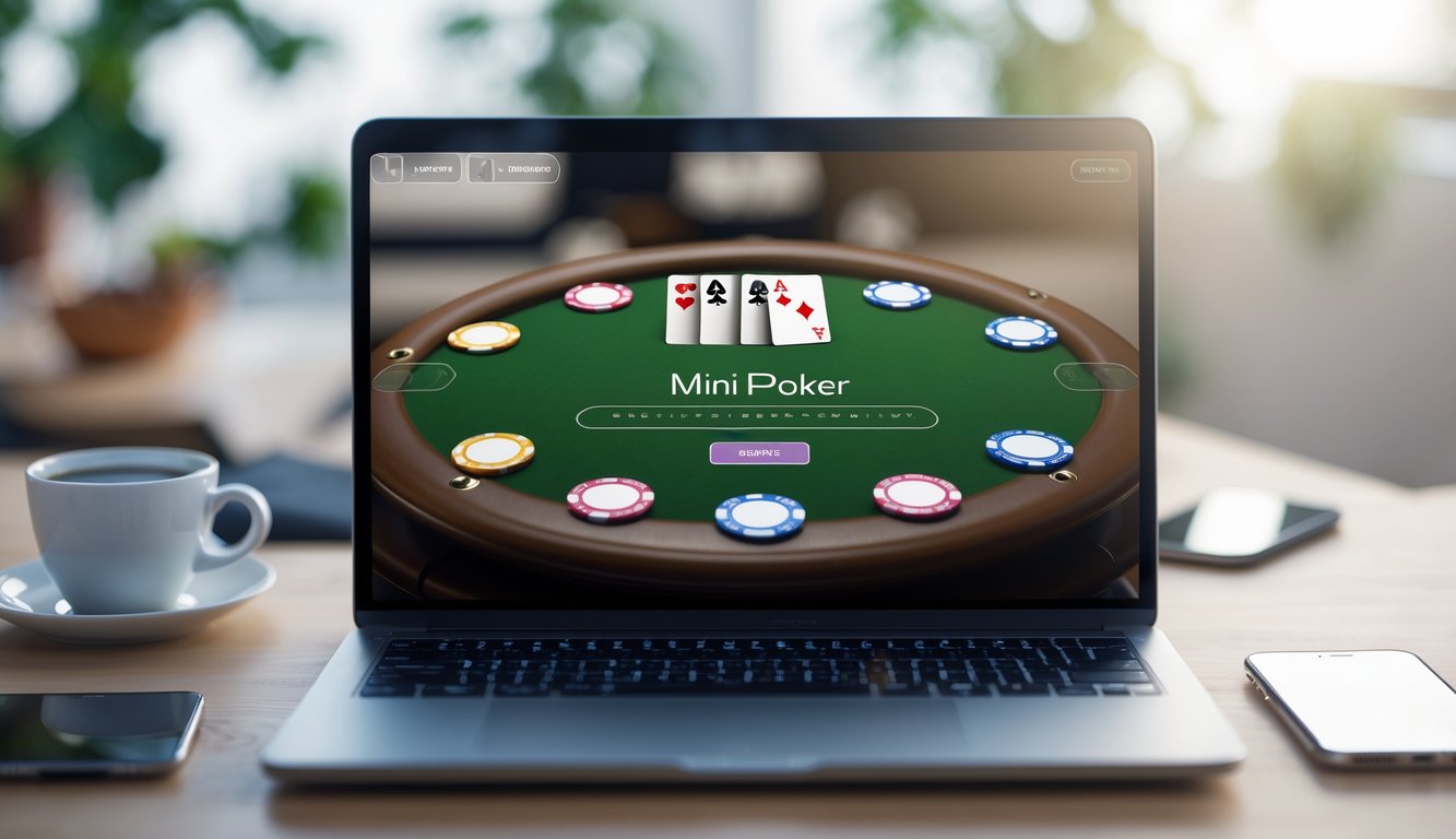 Seorang pengguna bermain mini poker online di laptop dengan tampilan permainan yang sederhana dan mudah dipahami.