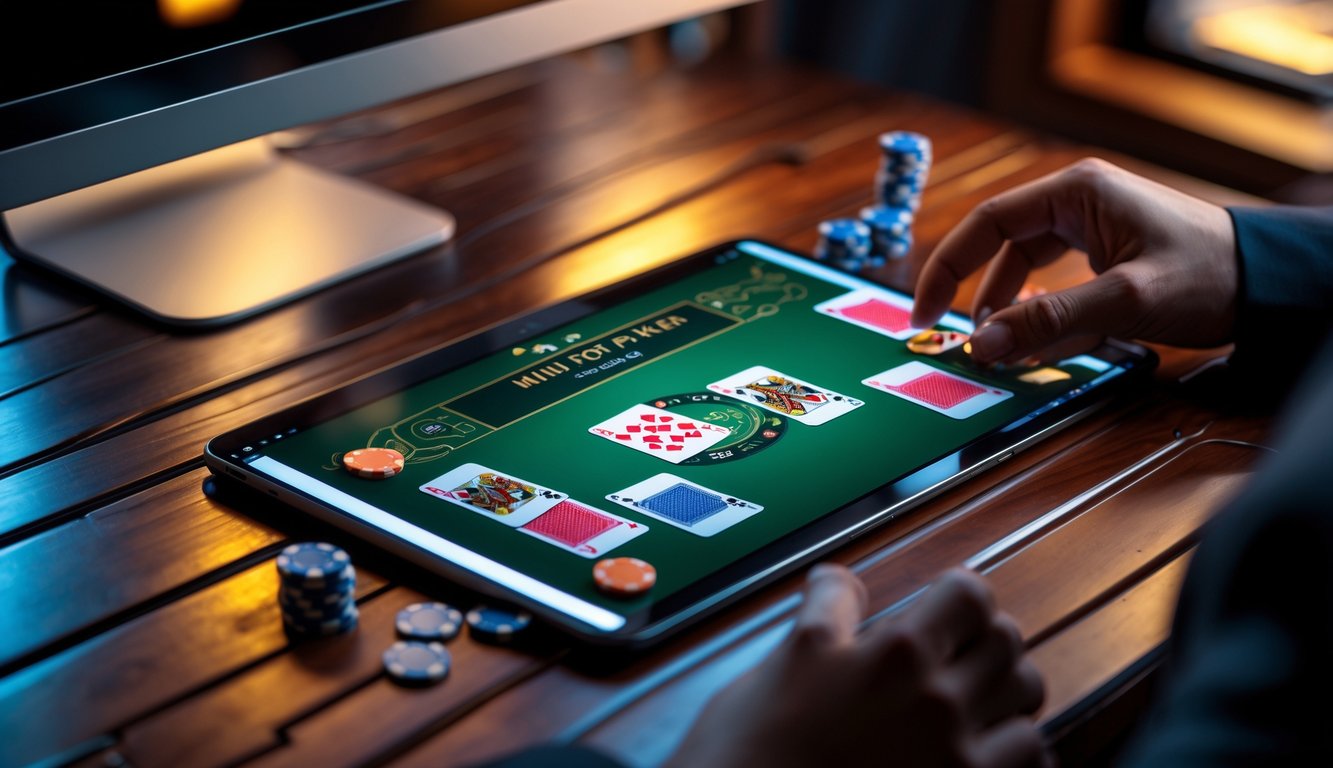 Sebuah meja poker digital mini yang ditampilkan di layar laptop dengan kartu dan chip poker berwarna-warni, tangan seseorang sedang bermain permainan kartu online.
