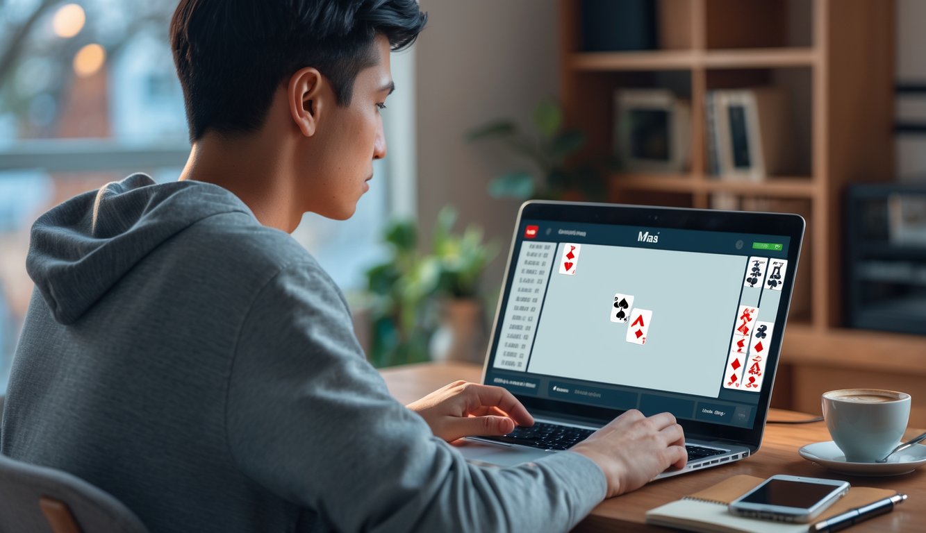 Seorang dewasa muda bermain mini poker online di laptop di sebuah ruangan yang nyaman dan rapi.
