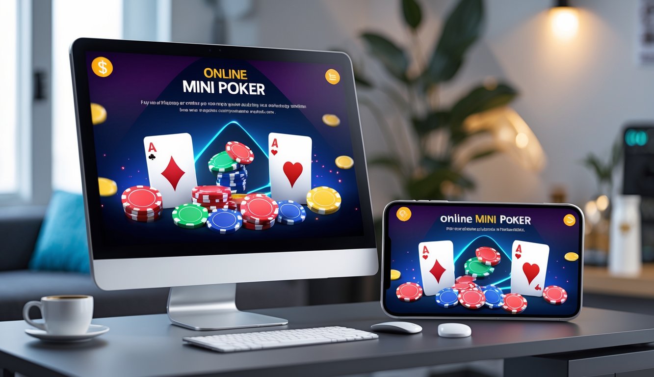 Tampilan antarmuka permainan mini poker online pada komputer dan ponsel di ruang kerja modern.