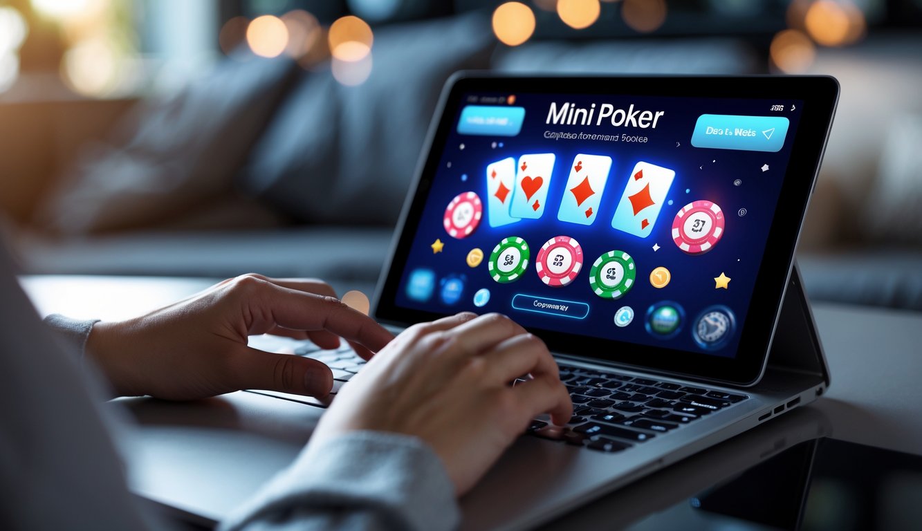 Seseorang bermain mini poker online di perangkat digital di ruang tamu yang nyaman.