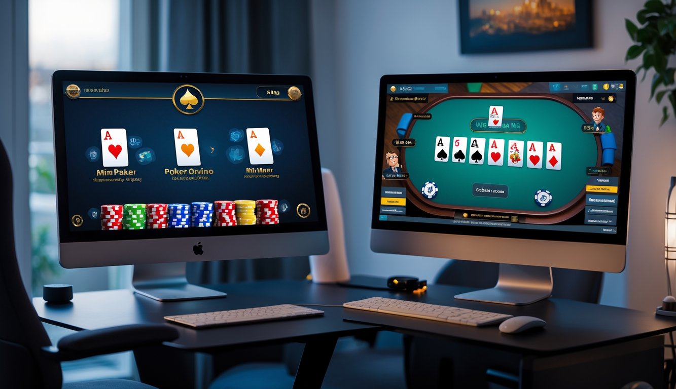 Dua layar komputer berdampingan menunjukkan perbedaan antara permainan Mini Poker Online yang sederhana dan Poker Online dengan meja poker lengkap di sebuah ruangan gaming modern.