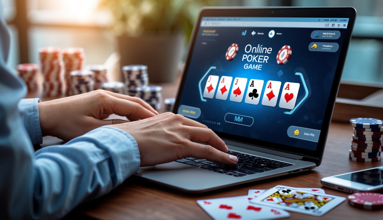 Seorang pemain menggunakan laptop dengan permainan mini poker online di layar, dikelilingi oleh chip poker dan kartu remi di meja kerja.