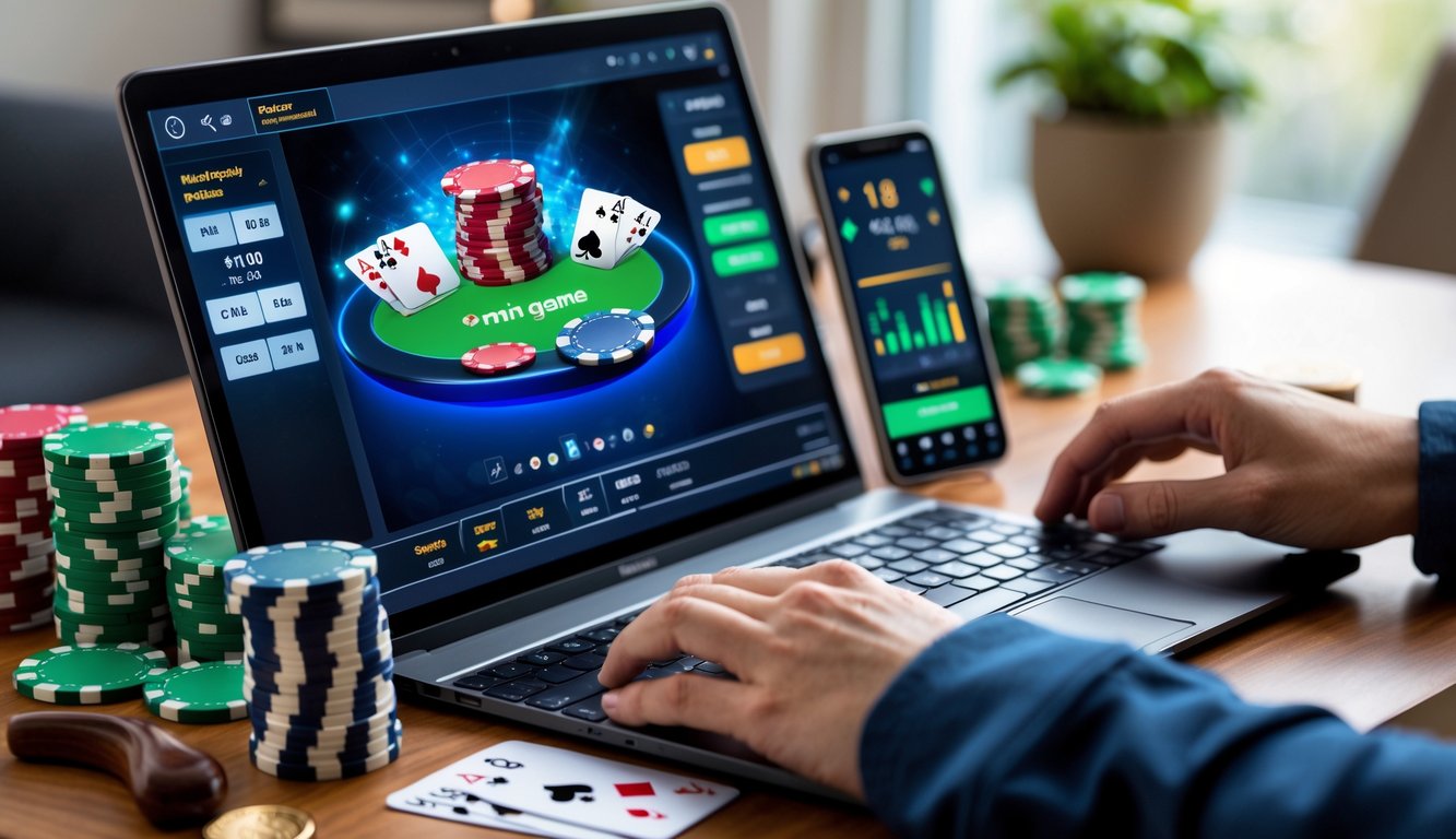 Seorang pemain fokus menggunakan laptop untuk bermain mini poker online dengan kartu dan chip poker di meja.