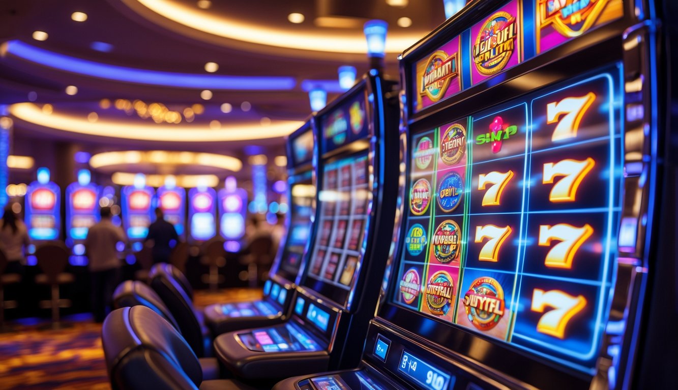 Layar mesin slot modern dengan simbol warna-warni di dalam kasino yang ramai dan mewah.