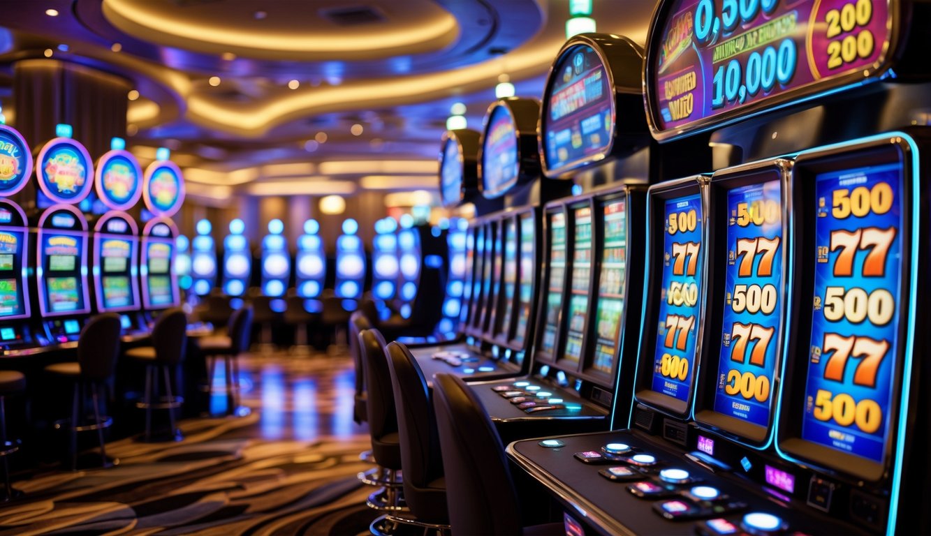 Mesin slot digital berwarna-warni di lantai kasino modern yang terang dan bersih tanpa orang.