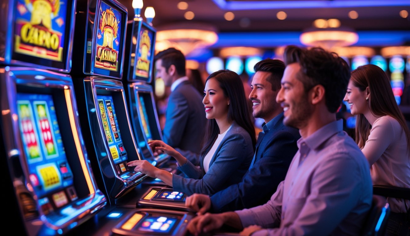 Beberapa orang sedang bermain mesin slot di kasino yang modern dan terang.