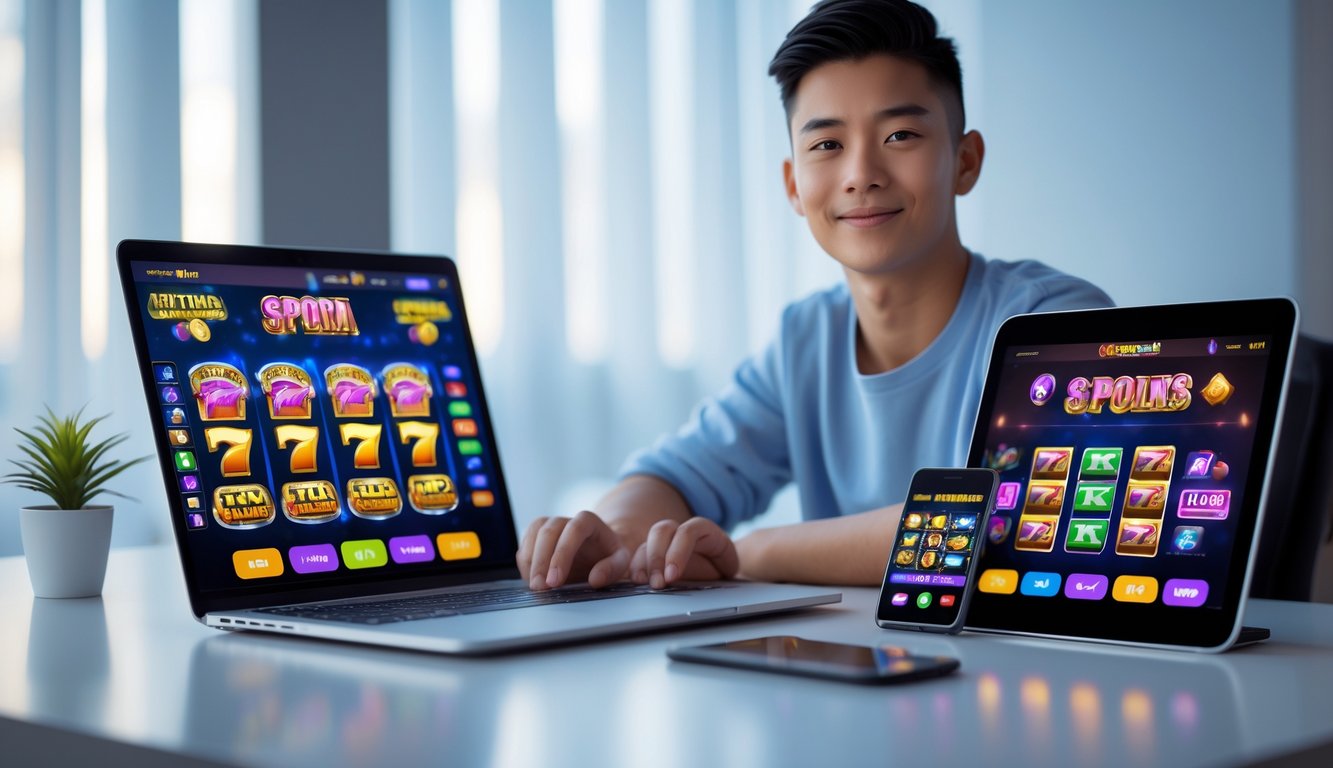 Seorang dewasa muda duduk di meja dengan laptop dan ponsel yang menampilkan permainan slot berwarna-warni, terlihat fokus dan santai.