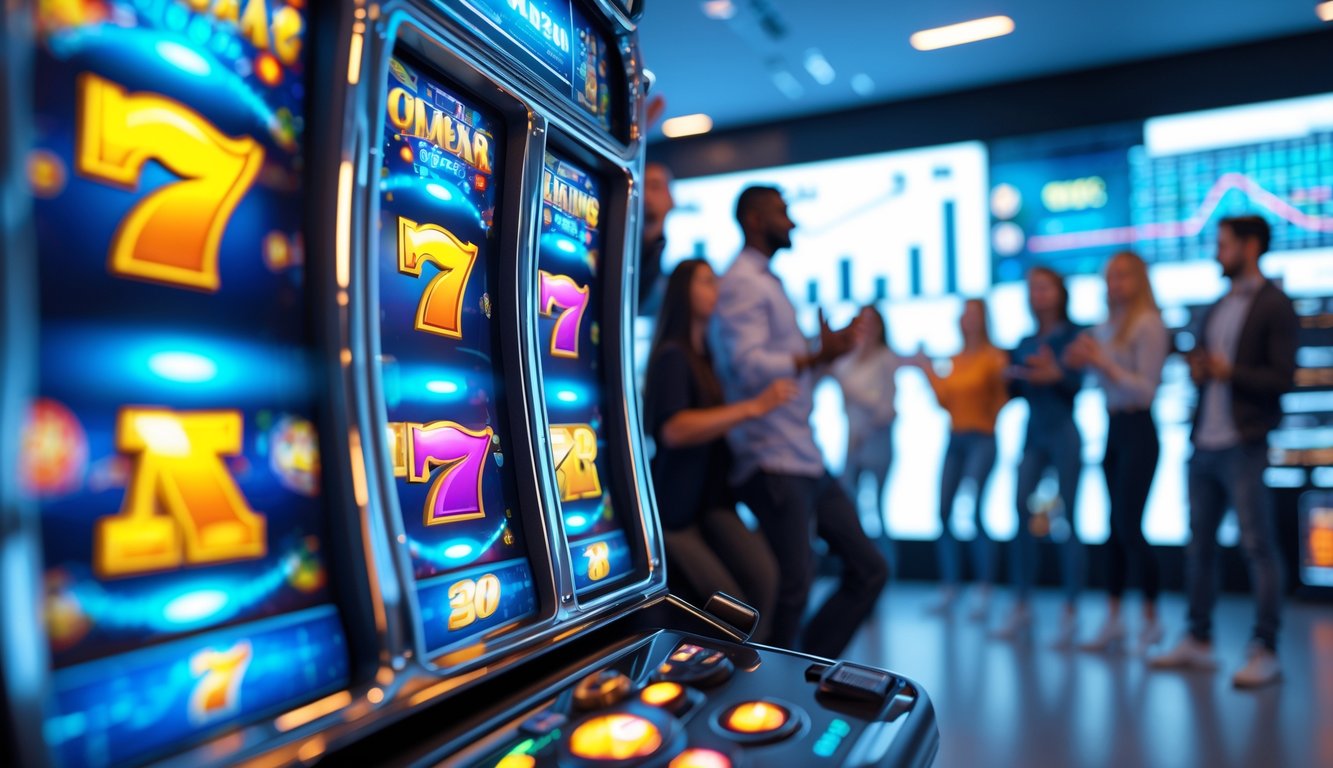 Suasana ruang permainan slot modern dengan mesin slot berwarna cerah dan pemain yang terlihat antusias.