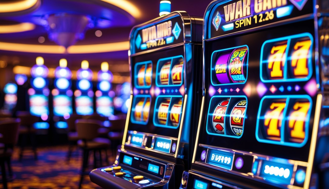 Mesin slot modern dengan lampu warna-warni di dalam kasino yang ramai.