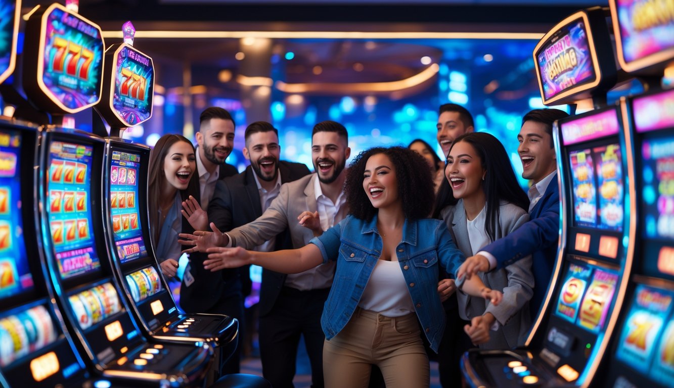 Orang-orang sedang bermain mesin slot digital di kasino futuristik dengan suasana yang hidup dan penuh energi.