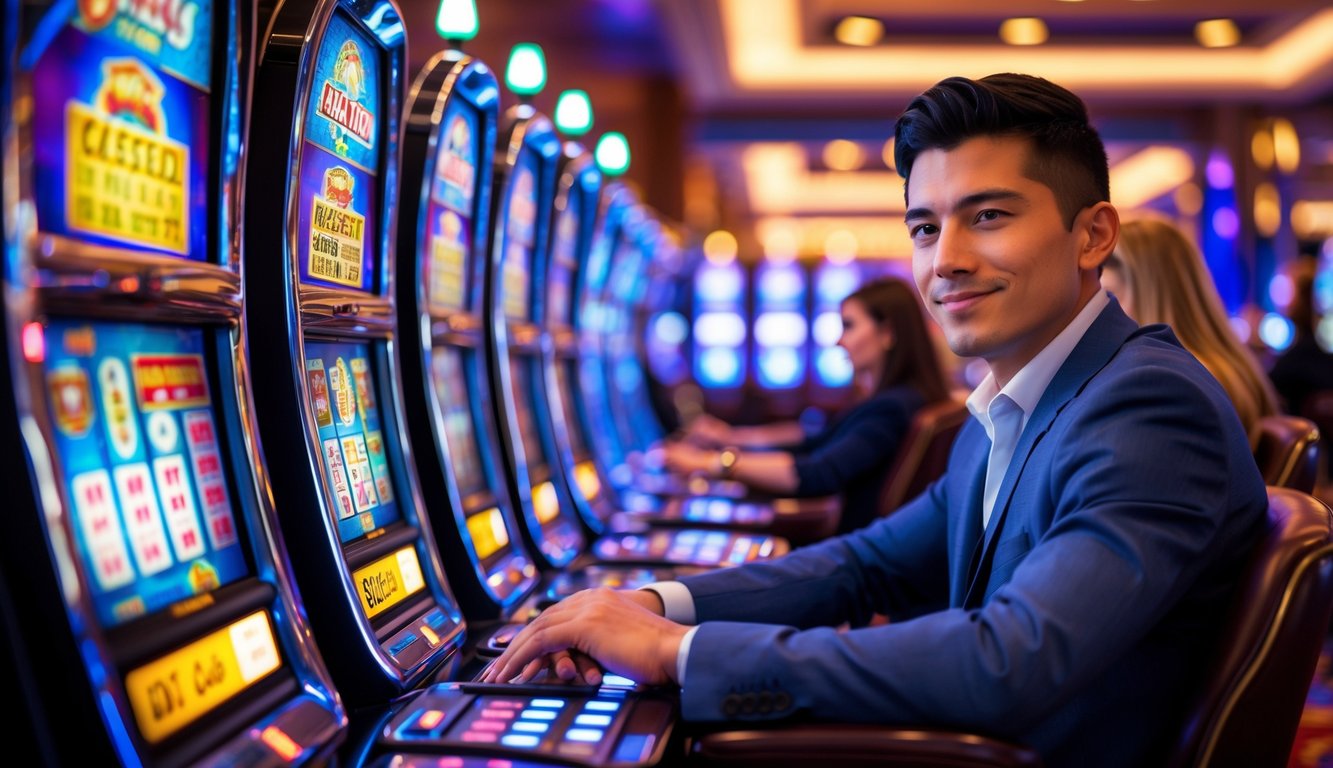 Seorang pria muda duduk di depan mesin slot di kasino dengan ekspresi fokus dan percaya diri.