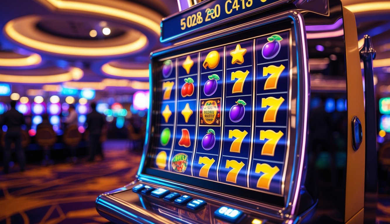 Mesin slot modern berwarna cerah dengan gulungan simbol klasik yang sedang berputar di dalam kasino yang ramai dan terang.
