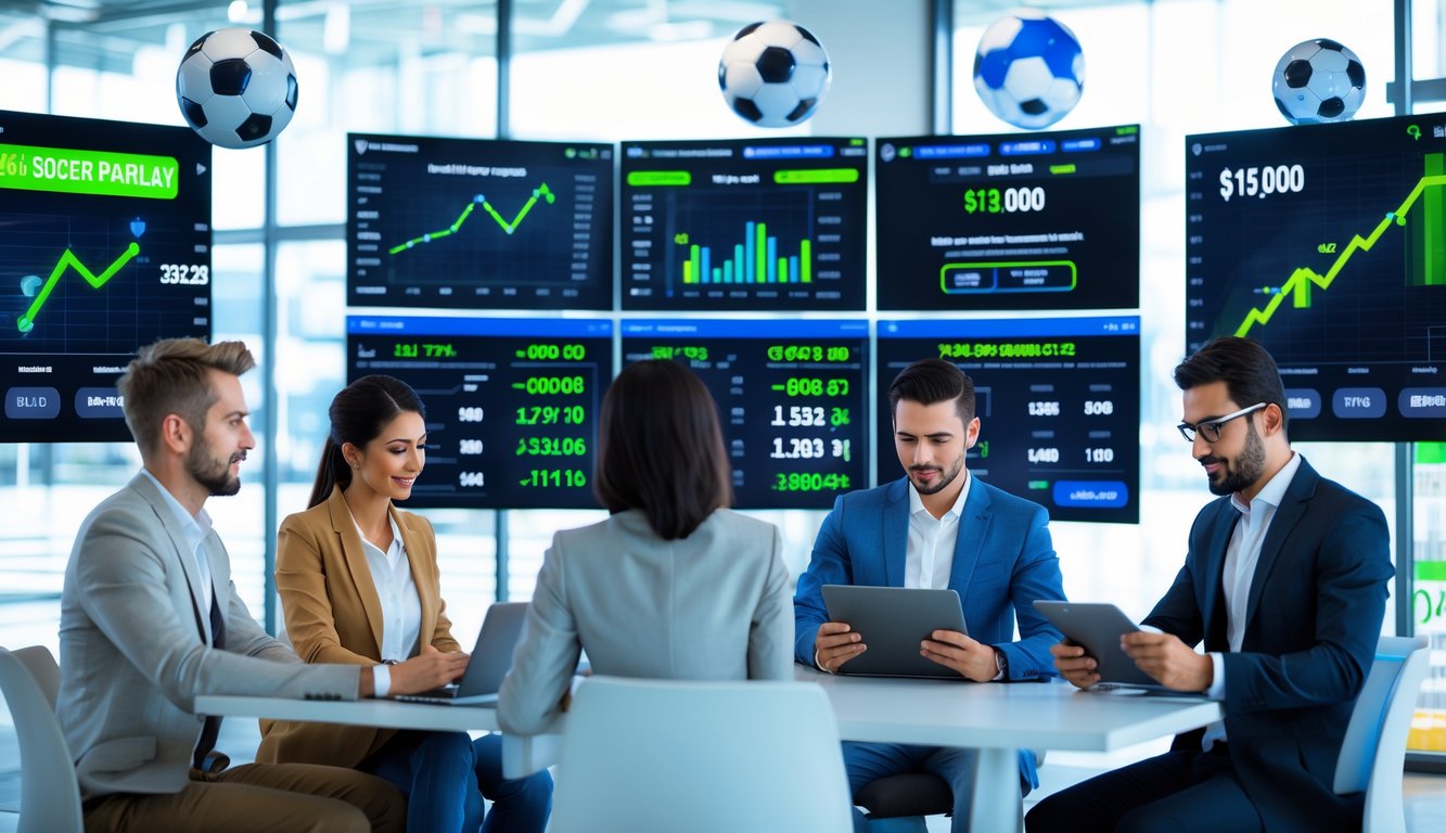 Orang-orang sedang mengamati layar komputer dengan data taruhan sepak bola di sebuah kantor modern.