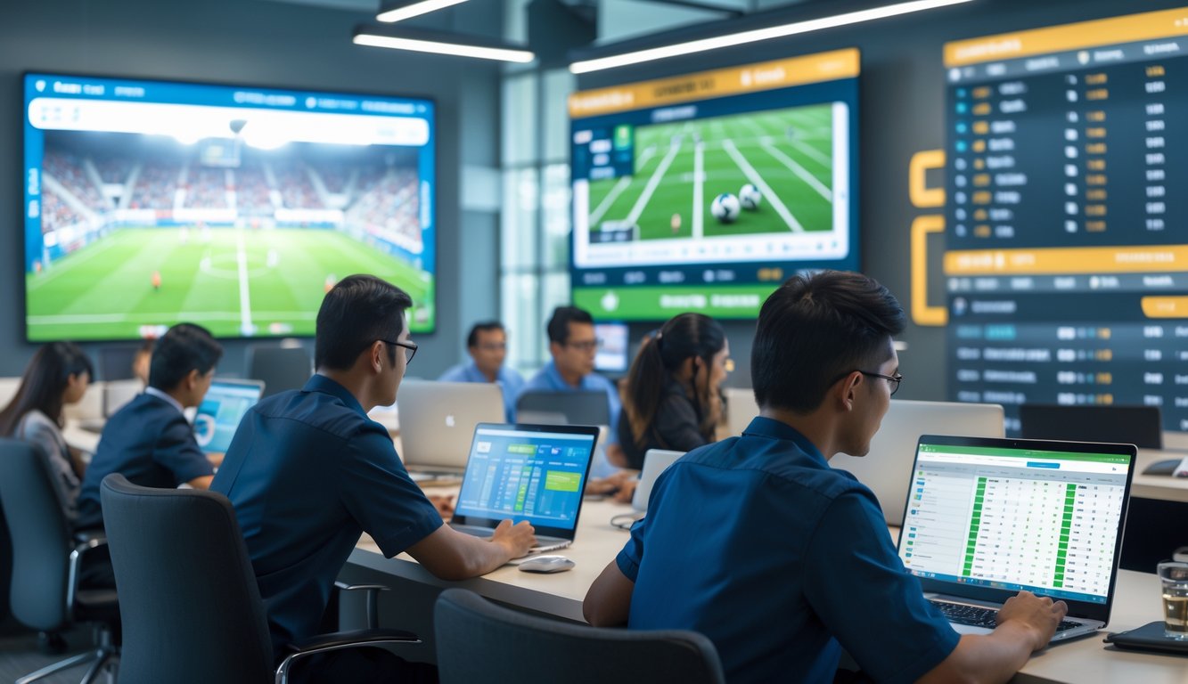 Orang-orang Indonesia menggunakan laptop dan ponsel untuk taruhan bola secara online di sebuah kantor modern yang terang dan aman.