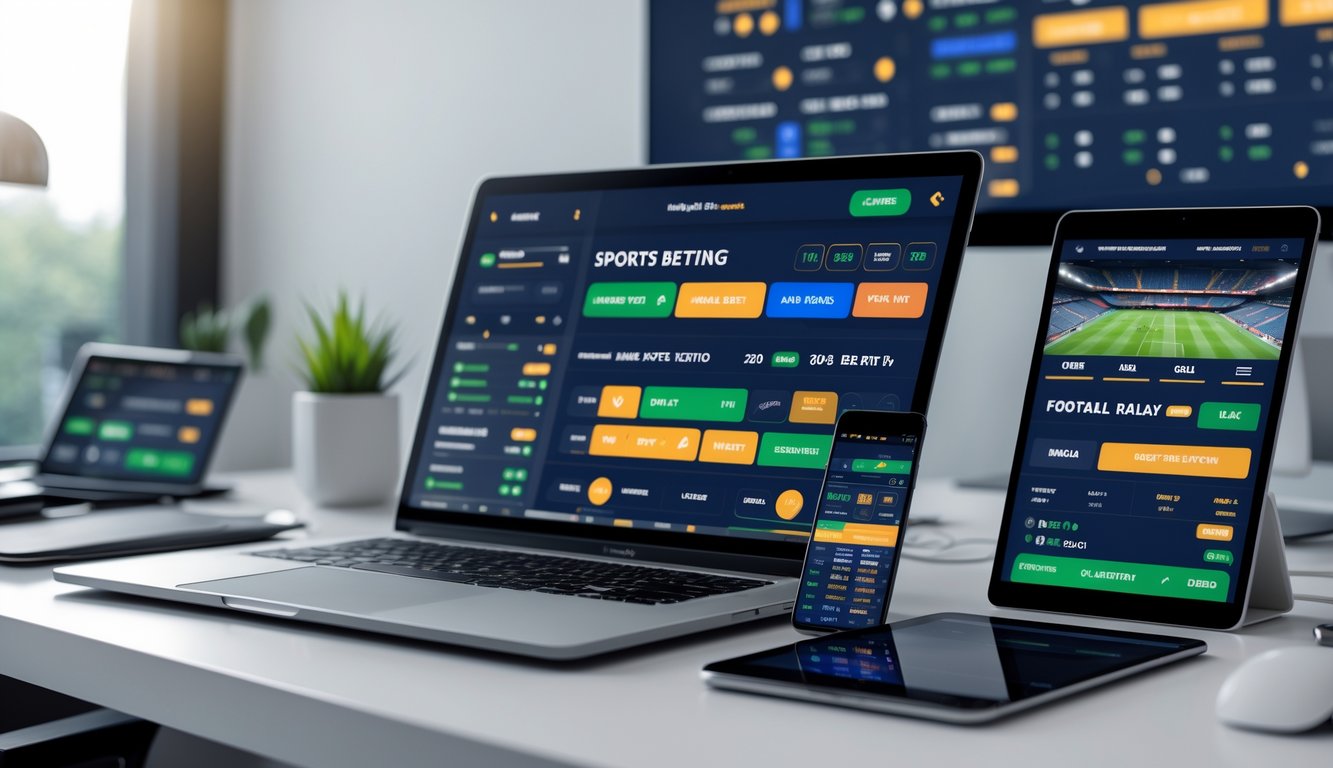 Seseorang menggunakan laptop dan perangkat digital lain untuk memasang taruhan bola secara online di meja kerja yang rapi.