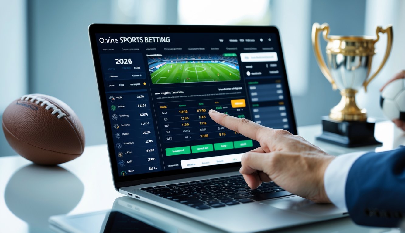 Seseorang menggunakan laptop di meja dengan tampilan antarmuka taruhan sepak bola digital dan bola serta trofi di latar belakang.