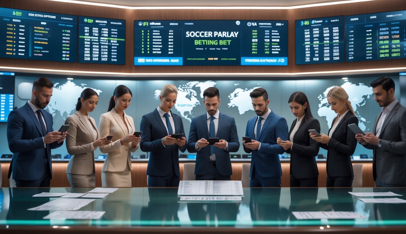 Orang-orang sedang menganalisis taruhan sepak bola di ruang taruhan dengan layar besar menampilkan statistik pertandingan.