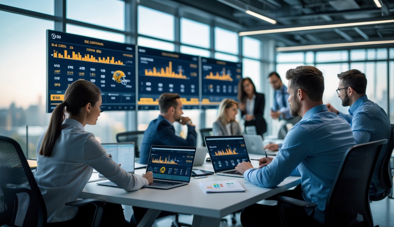 Orang-orang sedang menganalisis statistik dan peluang taruhan sepak bola di kantor modern dengan layar digital besar.