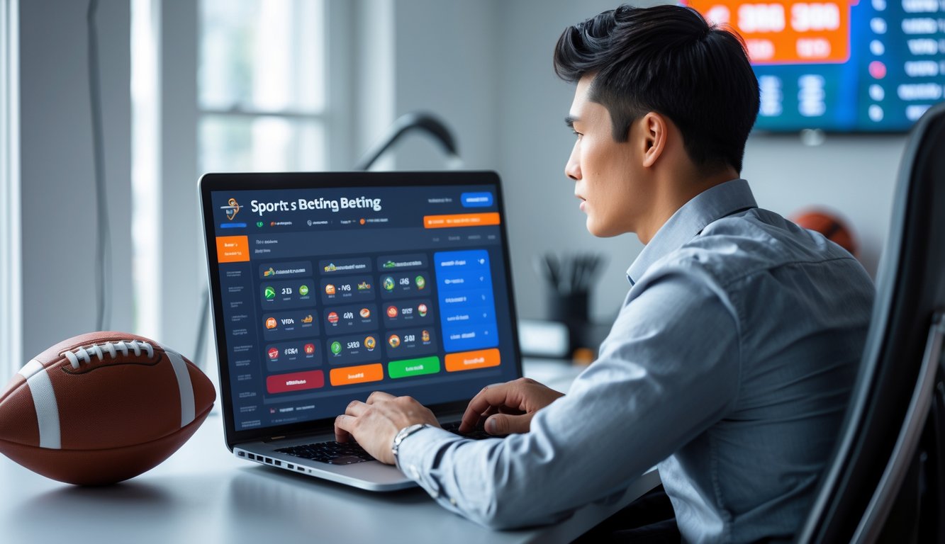 Seorang dewasa muda sedang menggunakan laptop di meja kerja dengan tampilan platform taruhan olahraga online di layar, dikelilingi oleh elemen olahraga seperti bola sepak dan papan skor digital.
