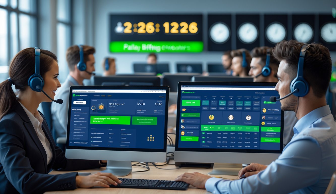 Tim layanan pelanggan sedang bekerja dengan komputer di kantor modern dengan layar menampilkan statistik pertandingan sepak bola dan simbol jam yang menunjukkan layanan 24 jam.