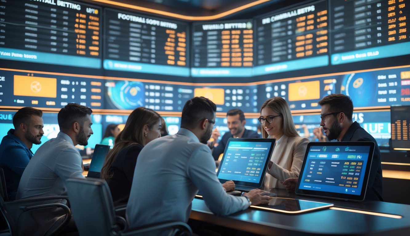 Sejumlah orang sedang menganalisis taruhan sepak bola di ruang taruhan modern dengan layar digital besar dan perangkat elektronik.