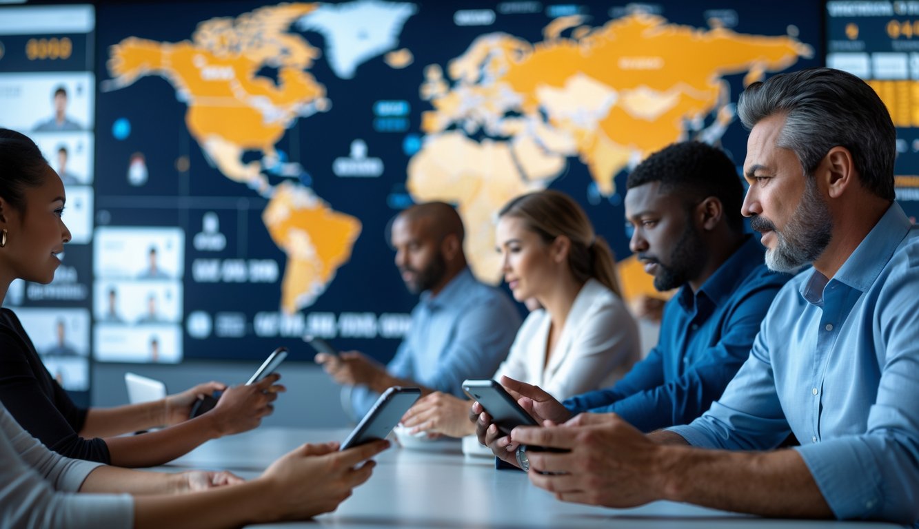 Orang-orang sedang memasang taruhan pada pertandingan sepak bola internasional di sebuah ruang taruhan modern dengan layar digital yang menampilkan pertandingan sepak bola dan peluang taruhan.