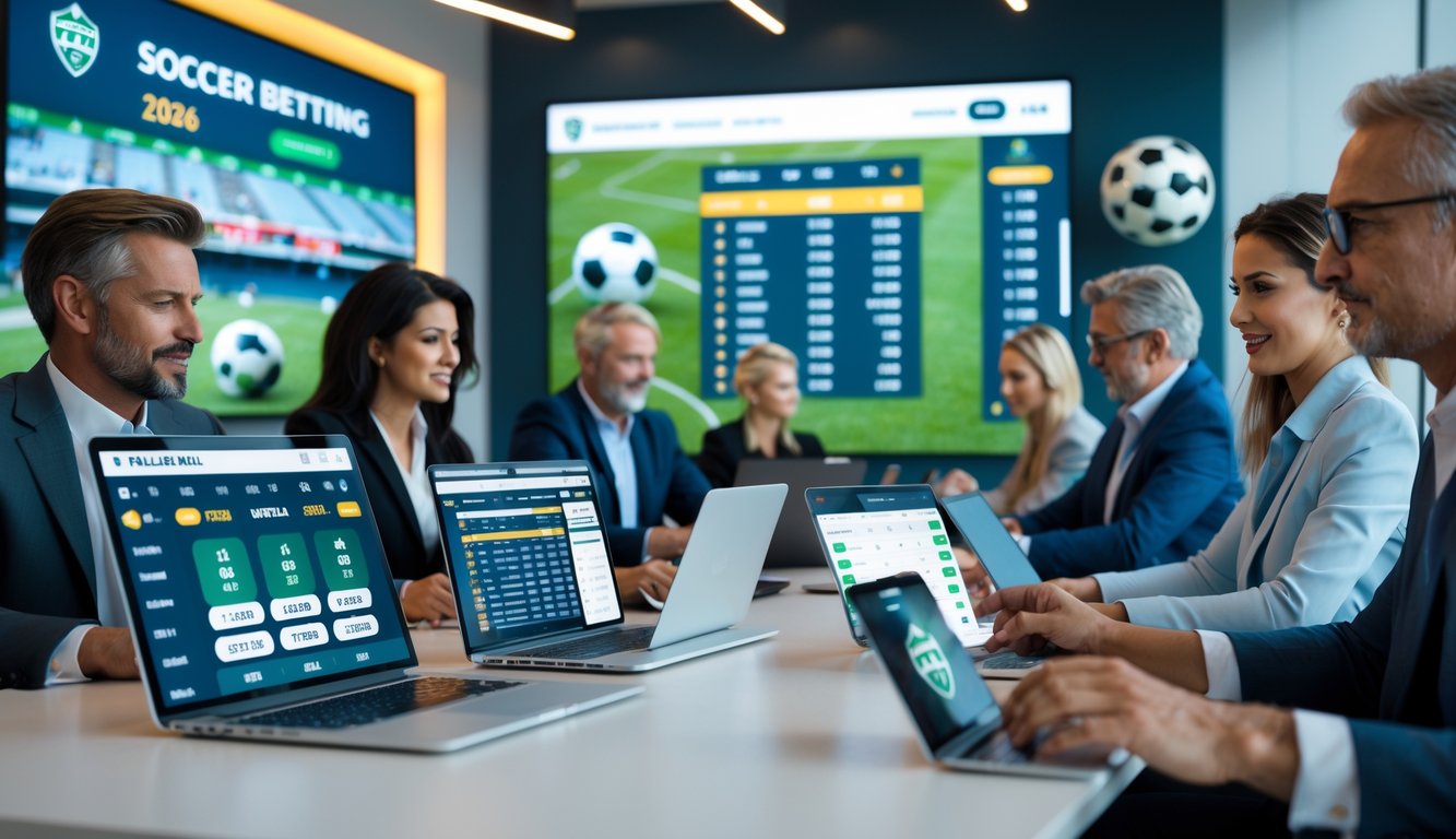 Sejumlah orang sedang menggunakan perangkat elektronik di sebuah ruangan dengan layar besar yang menampilkan statistik dan peluang pertandingan sepak bola.