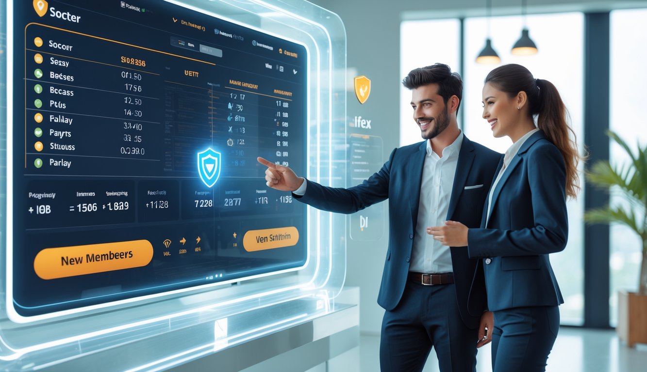 Dua orang dewasa muda sedang menggunakan layar sentuh digital yang menampilkan statistik dan opsi taruhan bola dalam ruang kantor modern yang terang dan aman.