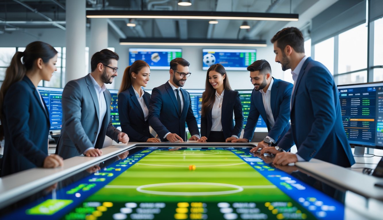 Sekelompok profesional sedang bekerja bersama di ruang kantor modern dengan layar besar yang menampilkan data pertandingan sepak bola dan statistik taruhan.