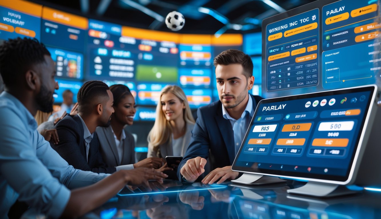 Seorang petaruh fokus menggunakan layar sentuh digital di lingkungan taruhan sepak bola dengan beberapa orang lain dan layar menampilkan pertandingan dan statistik.